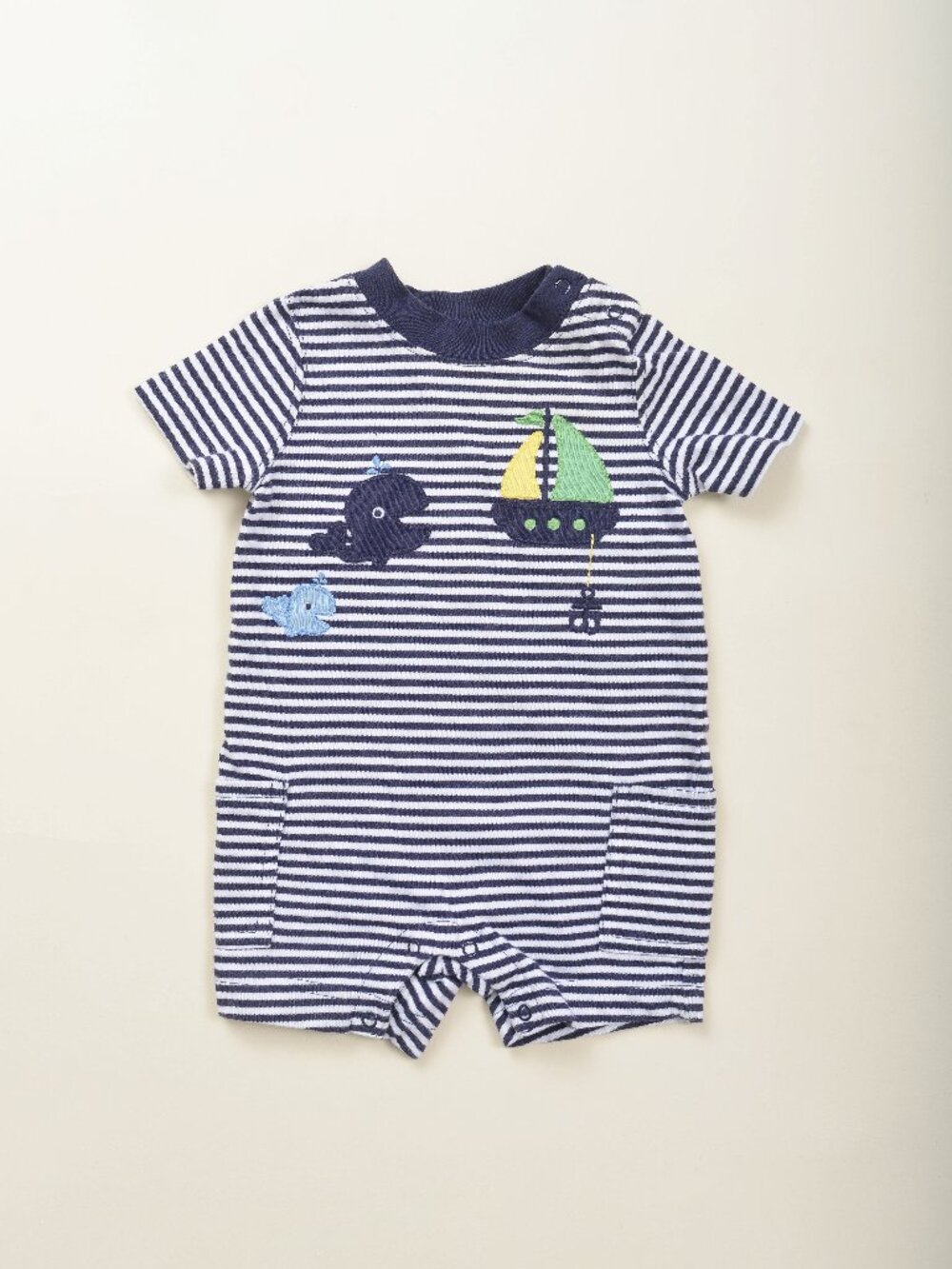 Gymboree Striped Fish Sailboat Embroidered Baby Boy Romper 0 - 3 Months